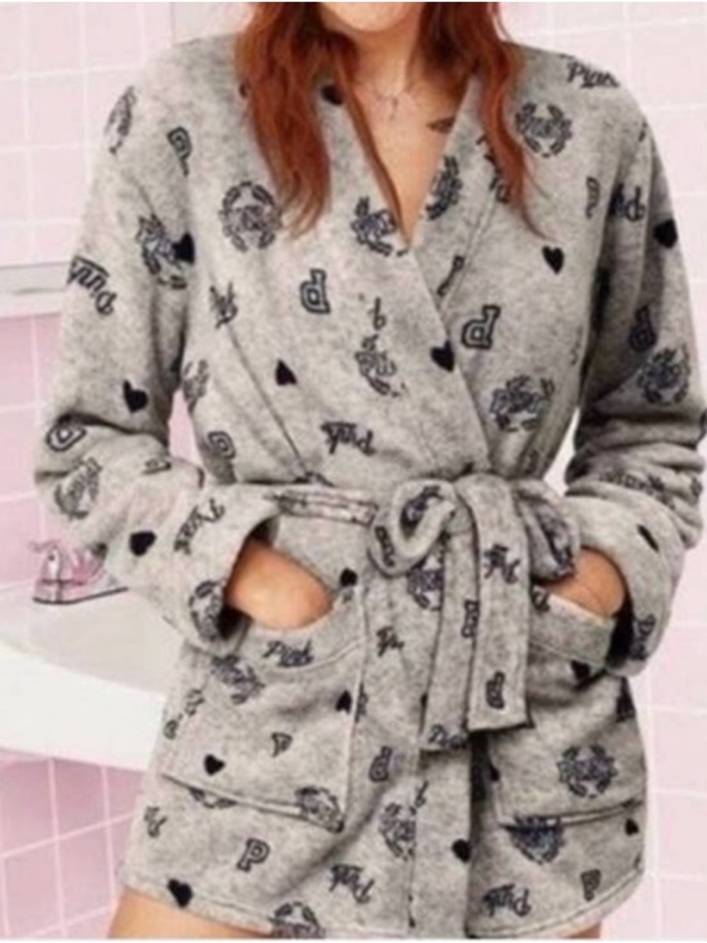 PINK Gray Plush Robe Jacket with Black Heart Accents